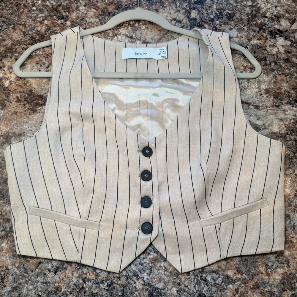 Bershka Beige Pinstripe Vest with Black Buttons
